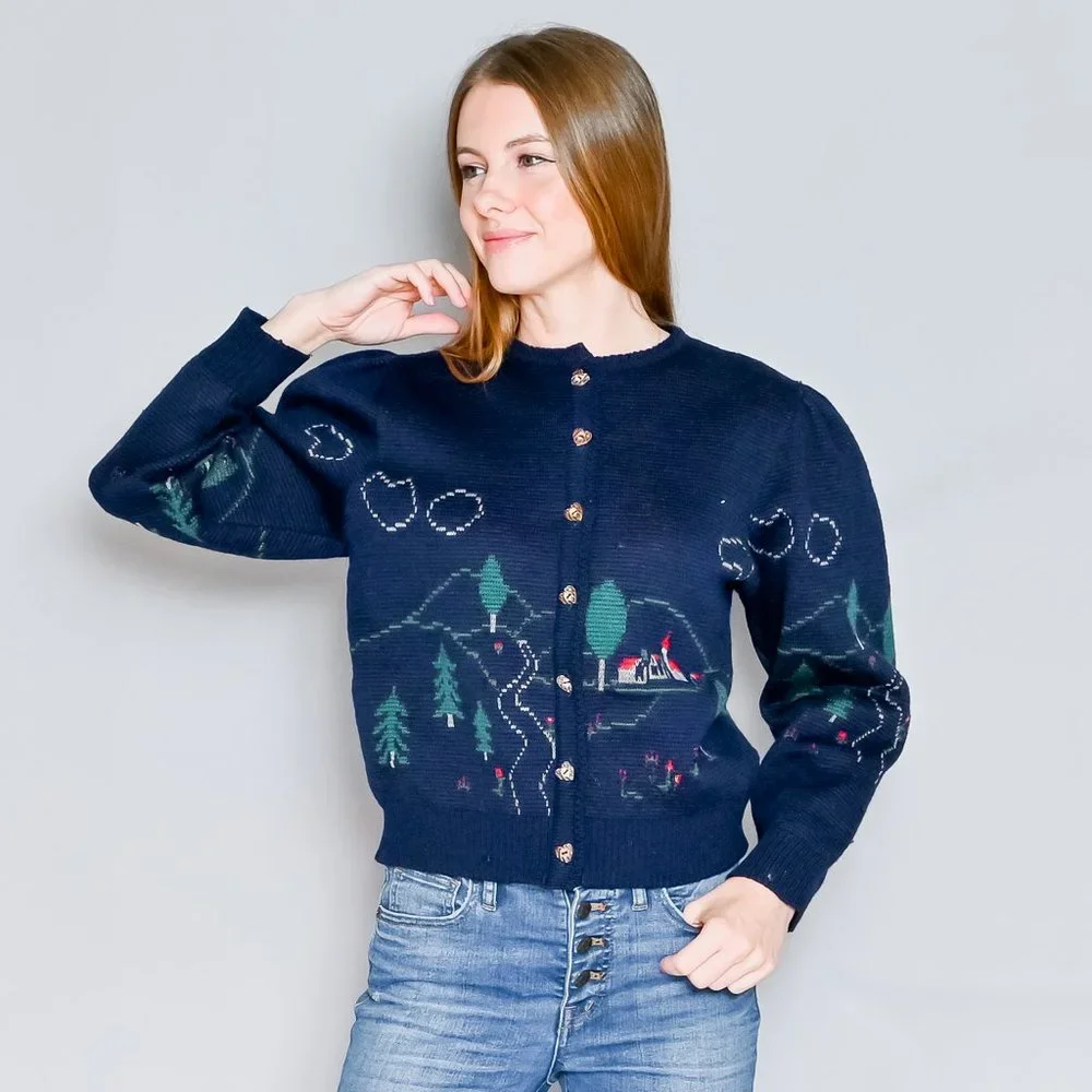 592. VINTAGE Silber-Distel Trachten Austrian Village Wool Cardigan XS-L - Picture 7 of 13